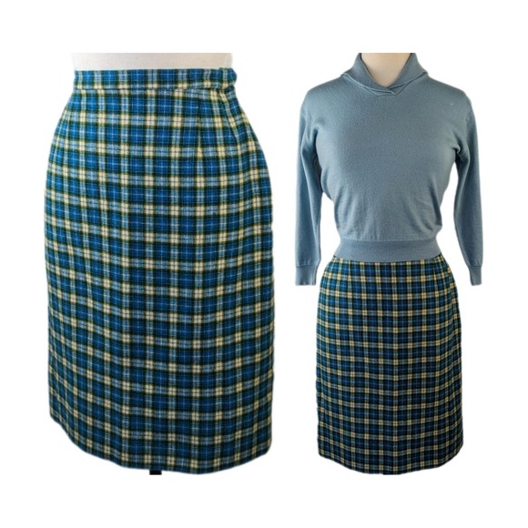 1960s blue and green plaid vintage Pendleton wool pencil skirt - Picture 1 of 6